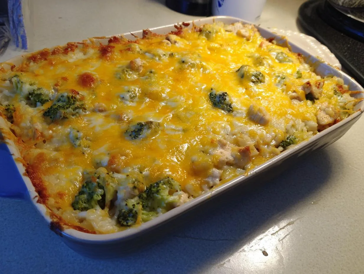 Creamy Chicken Broccoli Rice Cheese Casserole in 30 Minutes