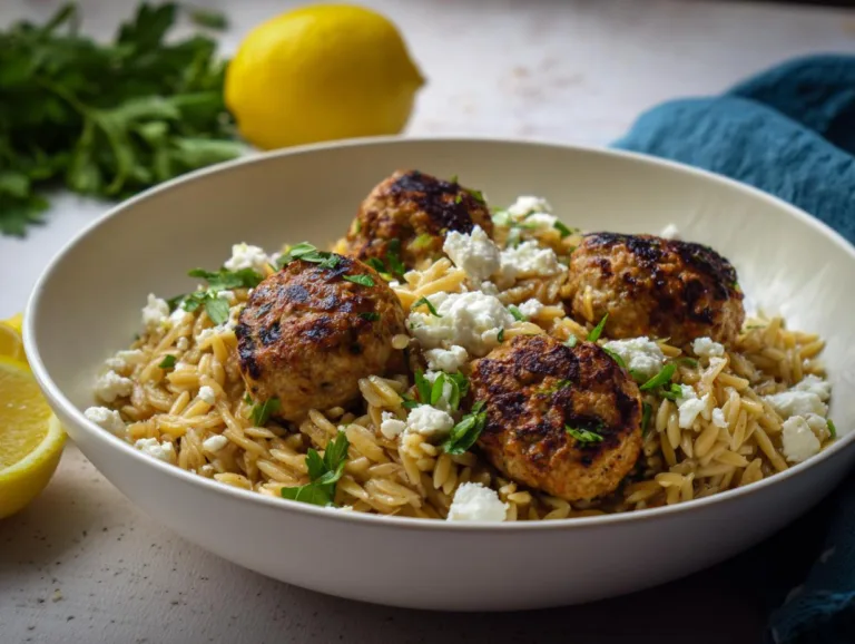 Greek Chicken Meatballs with Lemon Orzo