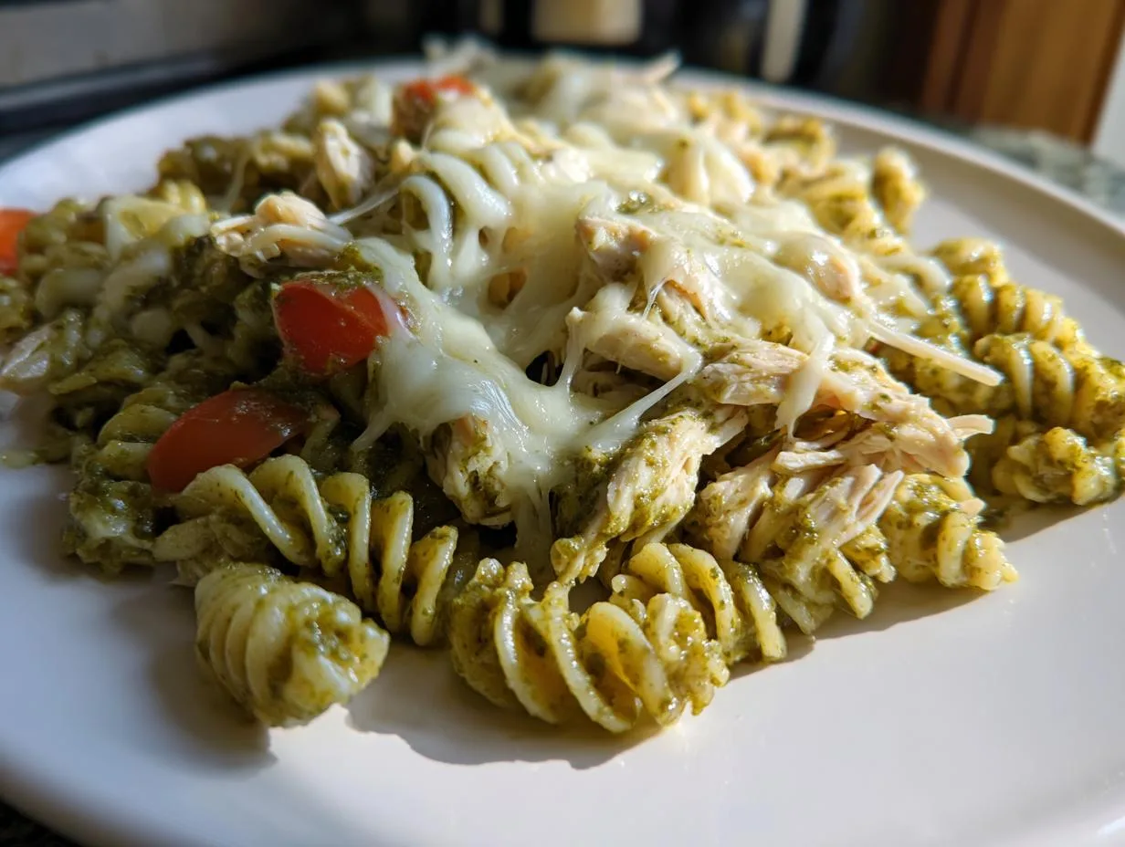 5-Ingredient Slow Cooker Pesto Chicken Pasta Magic