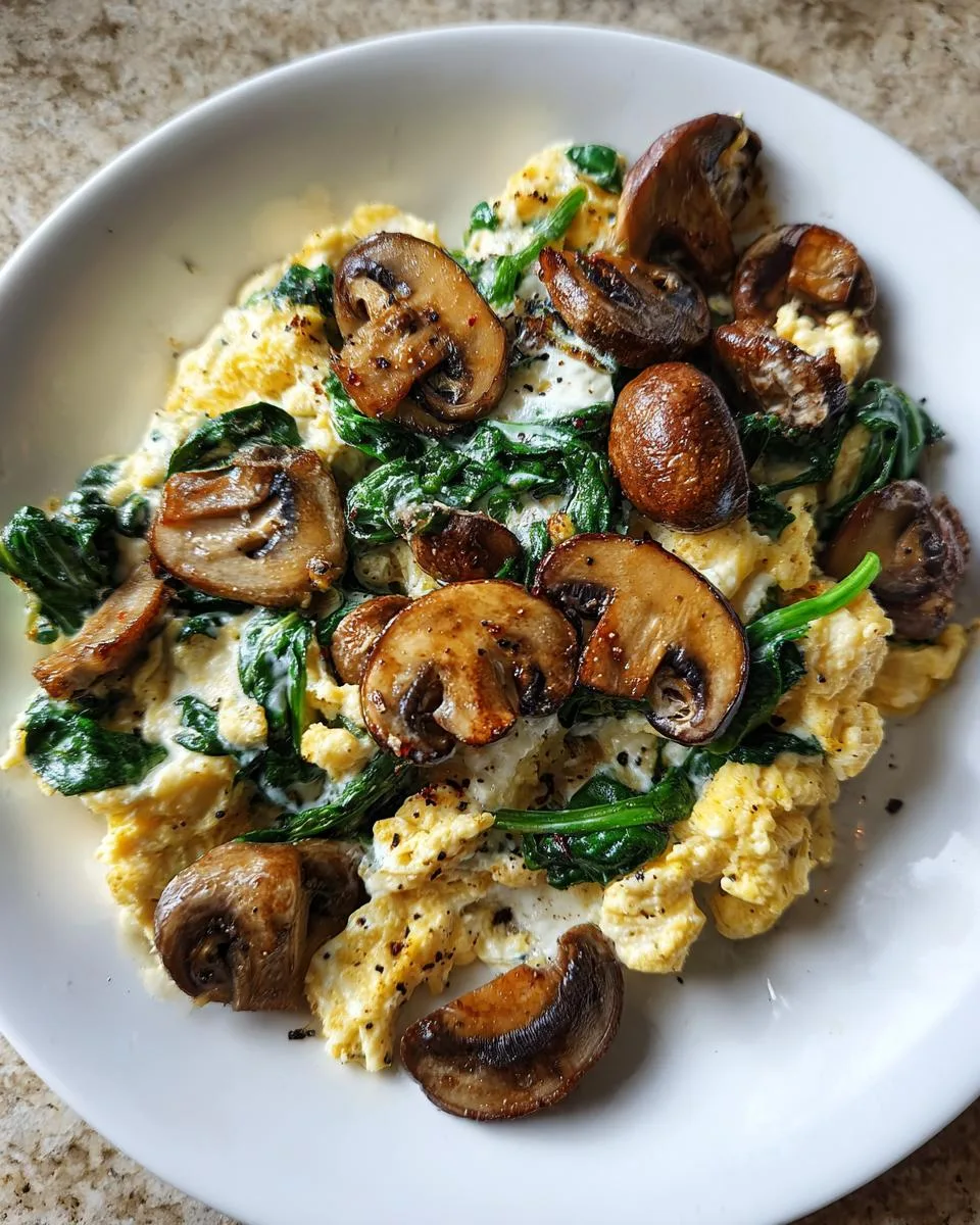mushroom spinach scrambled eggs - detail 1