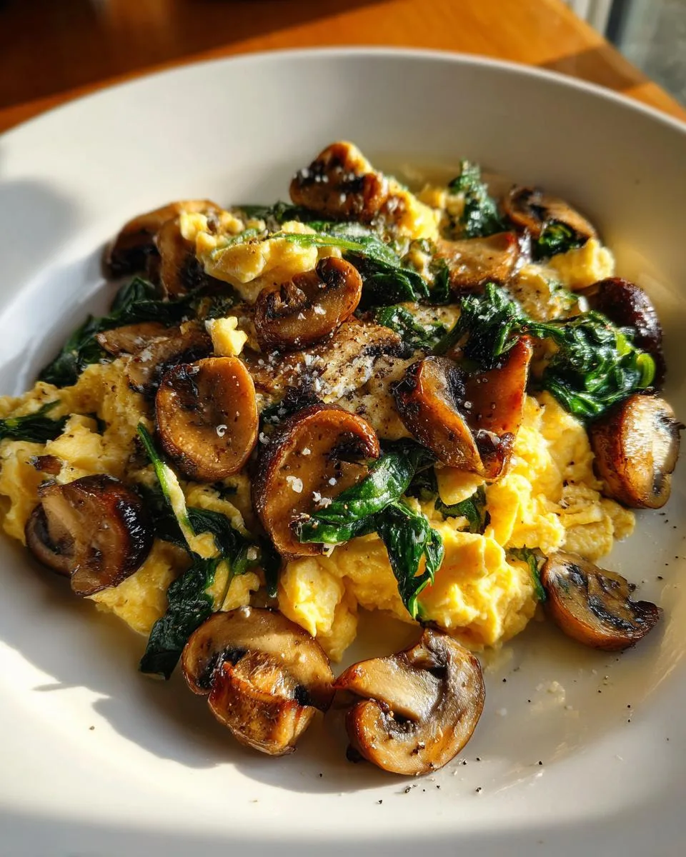 mushroom spinach scrambled eggs - detail 2