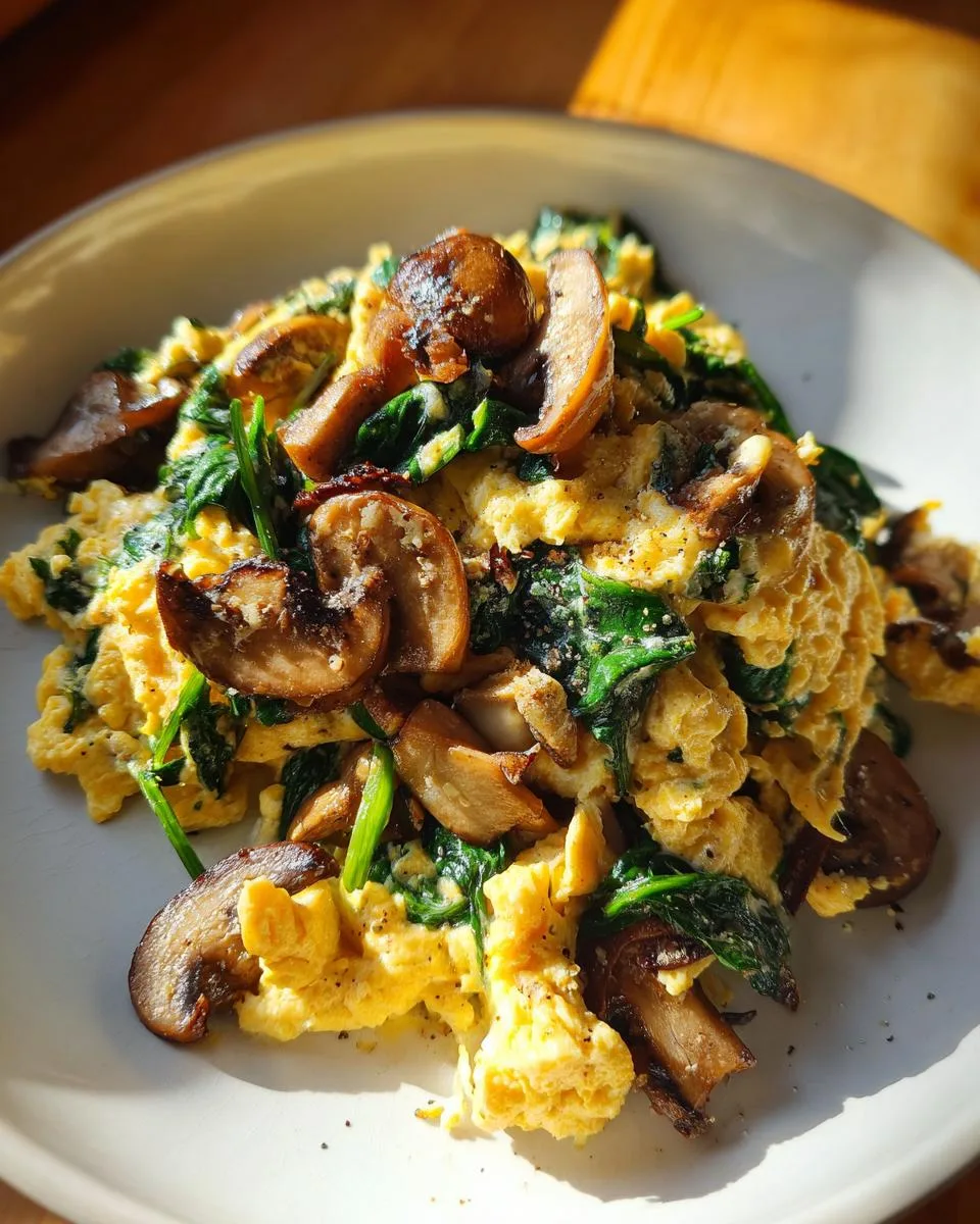 mushroom spinach scrambled eggs - detail 3