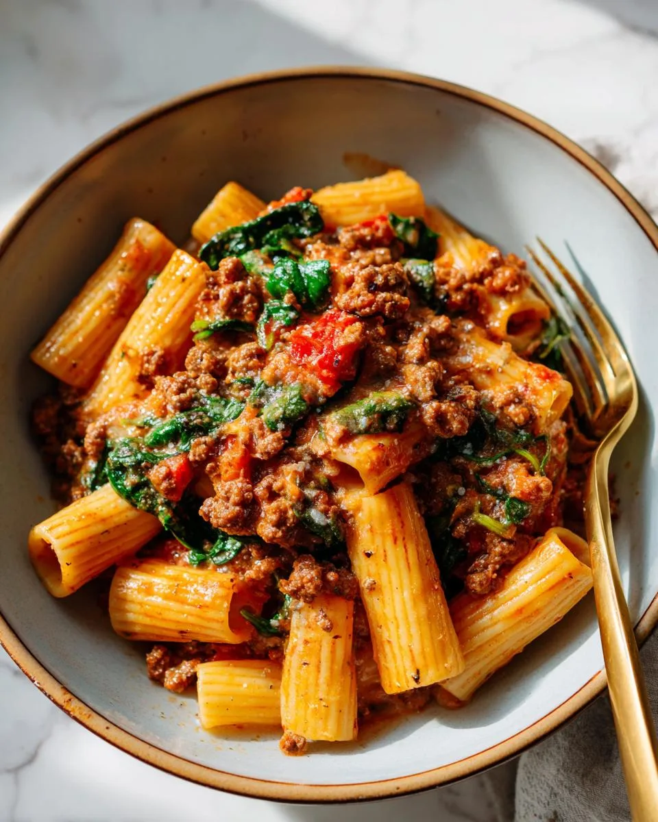 Creamy Sausage Rigatoni with Spinach, Garlic, and Tomato Cream Sauce - detail 1
