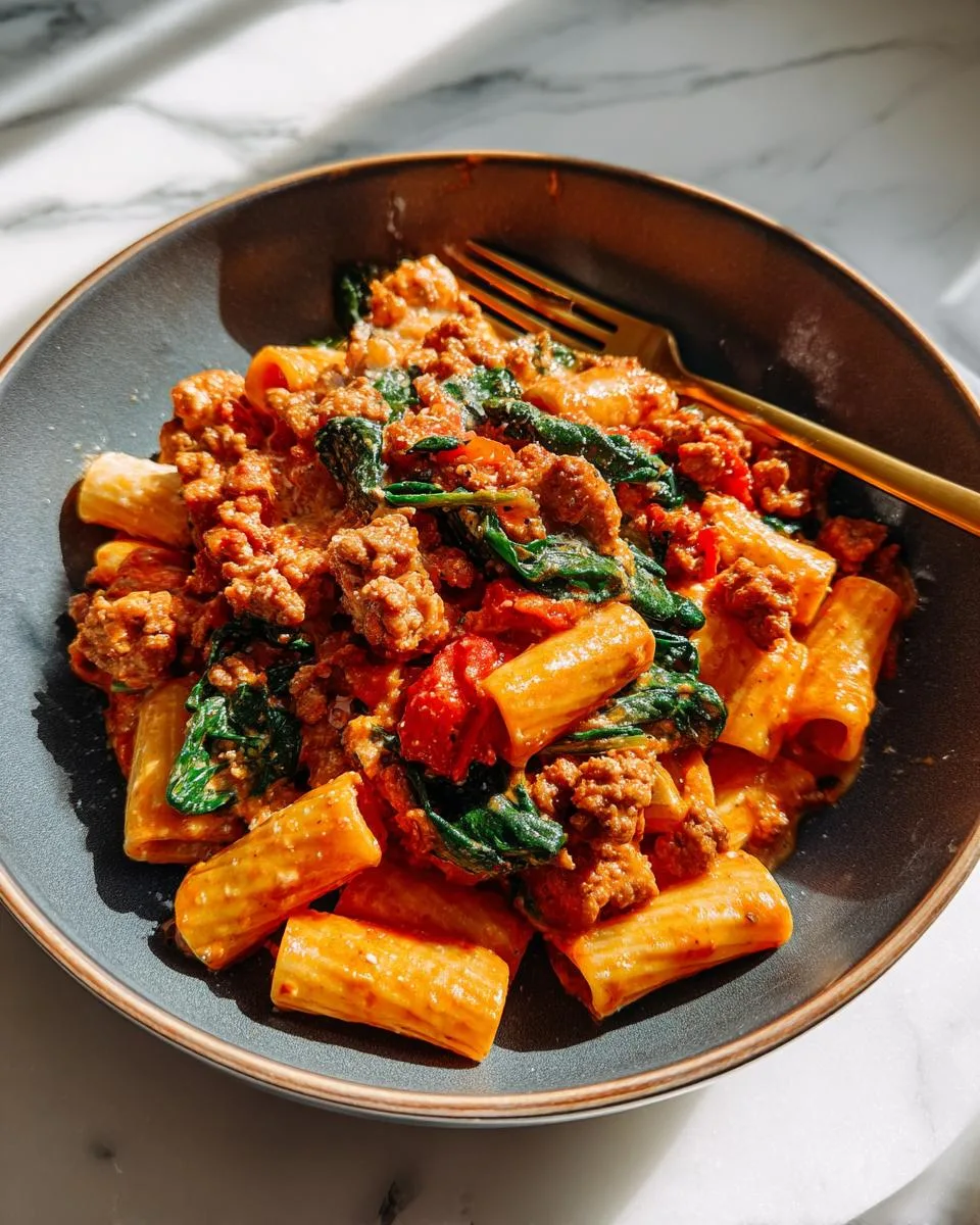 Creamy Sausage Rigatoni with Spinach, Garlic, and Tomato Cream Sauce - detail 2