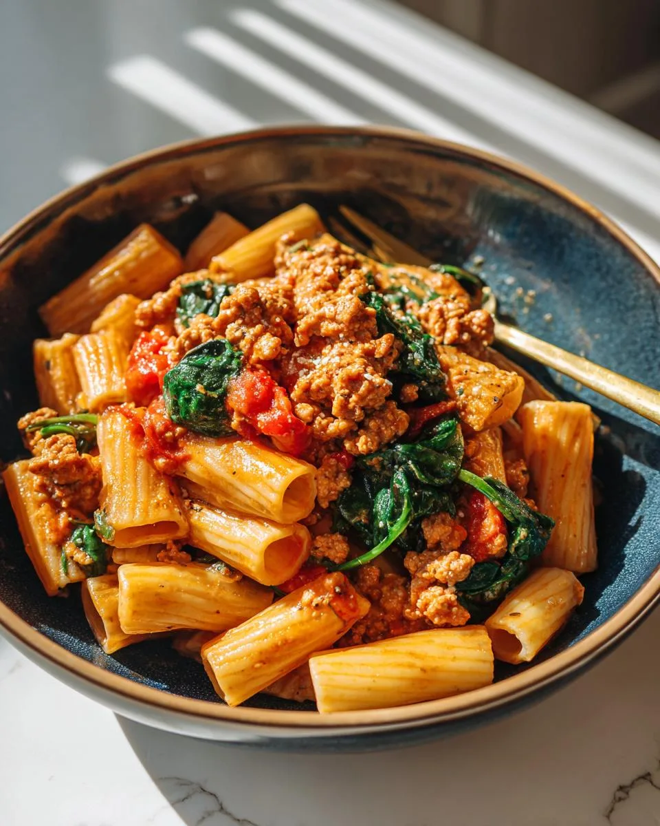 Creamy Sausage Rigatoni with Spinach, Garlic, and Tomato Cream Sauce - detail 3