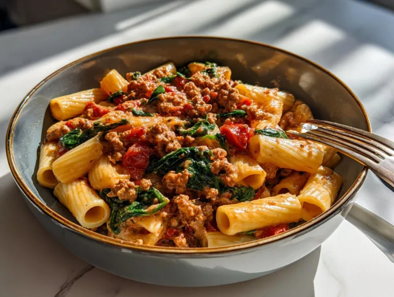 Creamy Sausage Rigatoni with Spinach, Garlic, and Tomato Cream Sauce