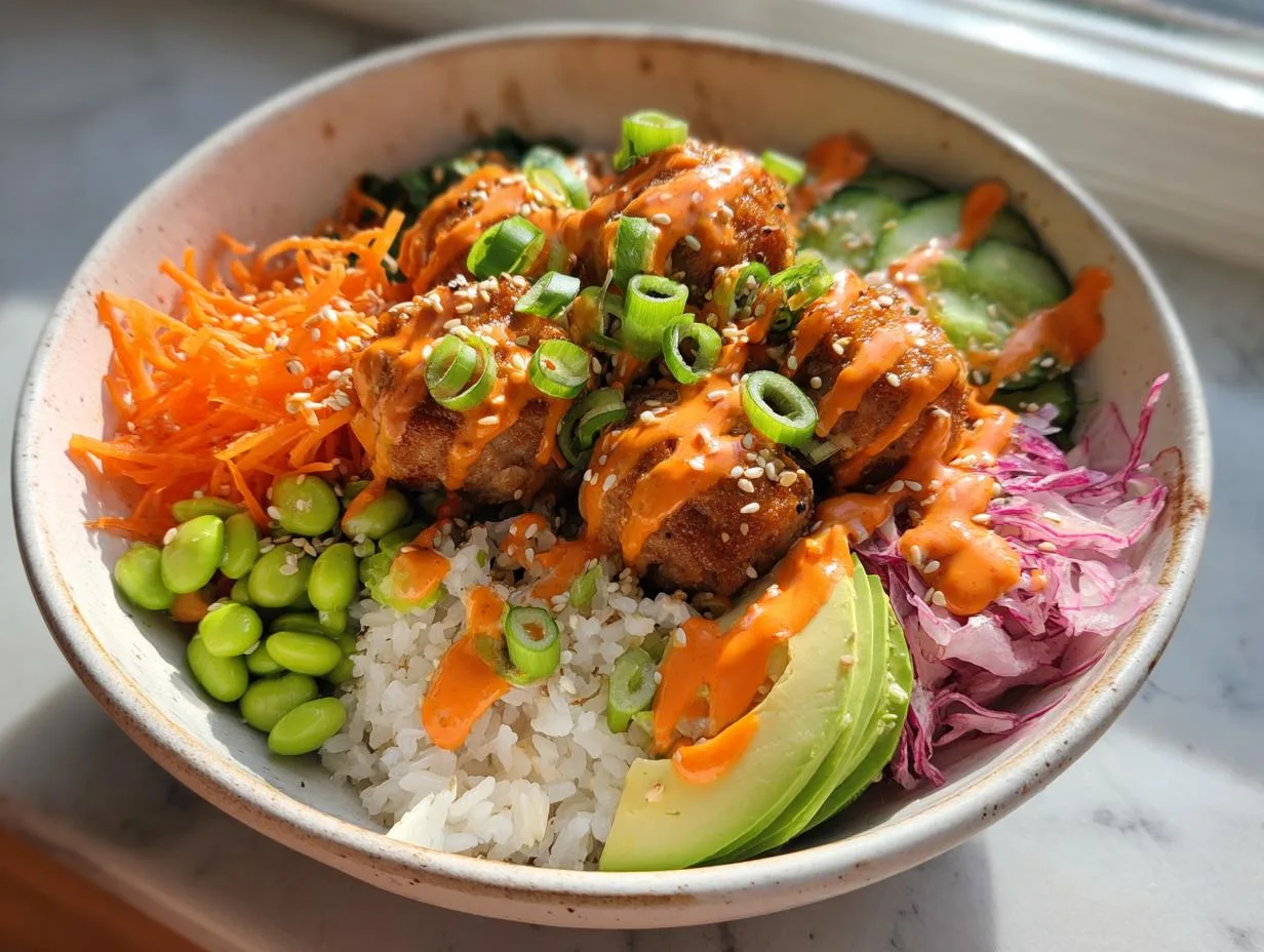 Turkey Burger Rice Bowls with Bang Bang Sauce